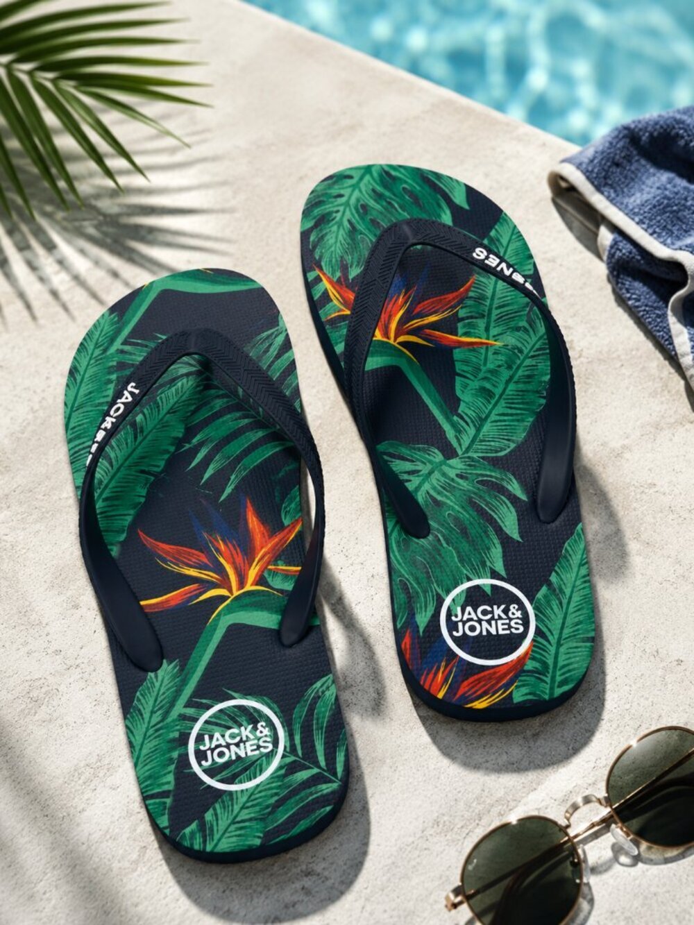 Jack & Jones Men's Tropical Palm Leaf Flip Flops Size 9/10 Beach Summer Sandals